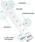 Smart WiFi Power Strip Surge Protector Packs Six Independently Switched Outlets and Four Fast Charging USB Ports with a Sleek Type C Adapter features buttons and outlets.