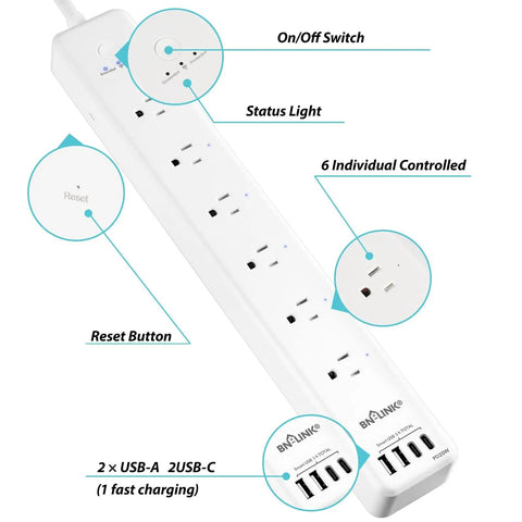 Smart WiFi Power Strip Surge Protector Packs Six Independently Switched Outlets and Four Fast Charging USB Ports with a Sleek Type C Adapter features buttons and outlets.