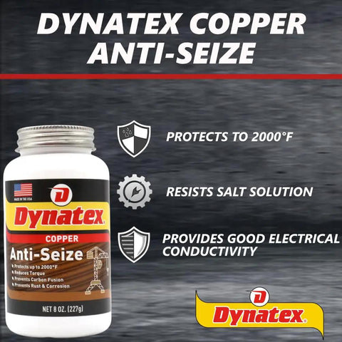 Dynatex Copper Anti-Seize Paste Go-To Heavy-Duty Lubricant For Extreme Heat And Pressure 8 oz can, highlights features.