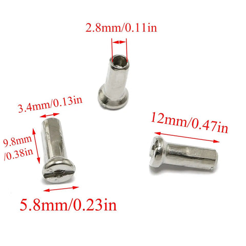 36 Piece MTB Spoke Nipples, 12mm Length, 14G 2mm Diameter, Silver Carbon Steel, Rust Resistant, measurements displayed