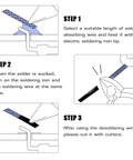 Illustration of using Desoldering Wick Braid Kit With Flux, 5 Pieces, 5 Foot Length, Solder Wick Set In 0.06 0.08 0.10 0.12 0.14 Inch Widths, No Clean Low Residue Coated Soldering Wick For PCB Electronics Repair No Fuss.