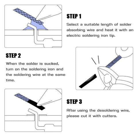 Illustration of using Desoldering Wick Braid Kit With Flux, 5 Pieces, 5 Foot Length, Solder Wick Set In 0.06 0.08 0.10 0.12 0.14 Inch Widths, No Clean Low Residue Coated Soldering Wick For PCB Electronics Repair No Fuss.