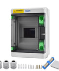 Front view of 5 Way HA Series Waterproof Power Distribution Box With Bus Bars And DIN Rail For MCBs Solar Ready Indoor Outdoor Use IP66 Panel Industrial Grade Enclosure Built For Rugged Harsh Environments with accessories.