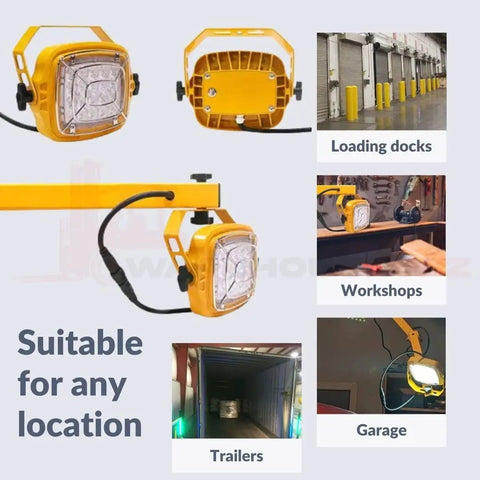 Job Site Beast Heavy Duty 50W Led Loading Dock Light With 40 Inch Folding Arm And Stainless Steel Cage IK10 Wet Rated Industrial Fixture For Warehouses And Hangars Safety Yellow