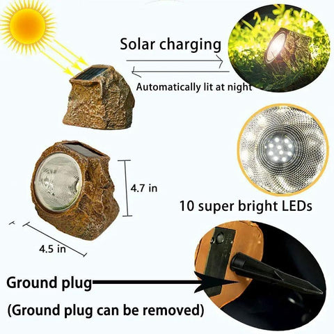 Solar Rock Lights For Garden Pathways Four Pack, 10 LED Waterproof Outdoor Yard Lights showing size, solar charging, and ground plug