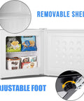 Mini Upright Freezer 1.2 Cu Ft Compact Build With Removable Slides And Adjustable Thermostat Dial In Bright White Finish, interior view with removable shelves and adjustable foot.