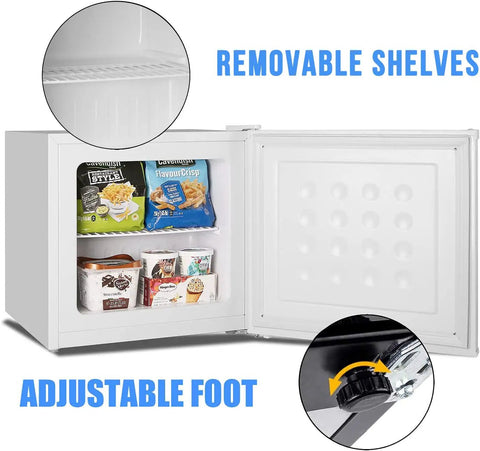 Mini Upright Freezer 1.2 Cu Ft Compact Build With Removable Slides And Adjustable Thermostat Dial In Bright White Finish, interior view with removable shelves and adjustable foot.