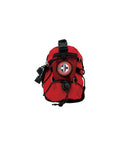 Red Be Smart Get Prepared emergency first aid kit pouch with black straps and mesh pocket, front view.