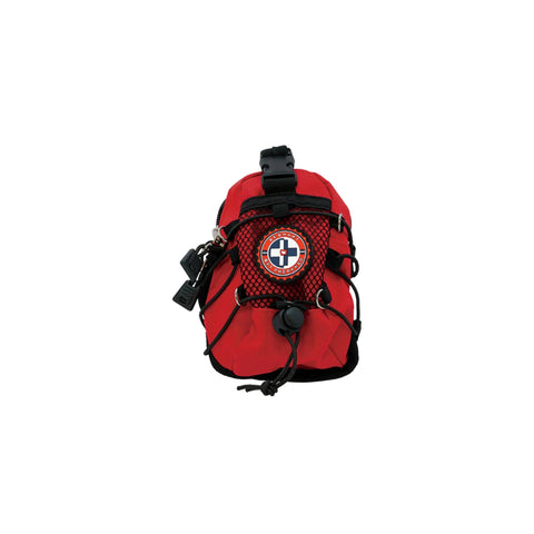 Red Be Smart Get Prepared emergency first aid kit pouch with black straps and mesh pocket, front view.