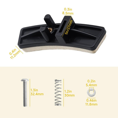 One Pair Replacement Brake Pads Kit For Indoor Bikes Compatible With IC Elite IC Pro DX900 Evolution Series Includes Felt Pads Screws And Springs Quiet Smooth Ride Easy Install showing brake pad dimensions, screw, spring, and washer details.