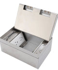 Heavy Duty Recessed Floor Power Outlet Kit With Four Receptacles And A Stainless Steel Top, open view showcasing interior sockets.