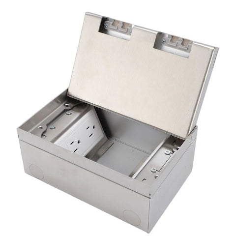 Heavy Duty Recessed Floor Power Outlet Kit With Four Receptacles And A Stainless Steel Top, open view showcasing interior sockets.