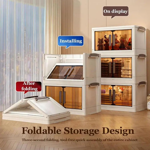Big League Stackable Storage Bins with Secure Lids, 4-Tier Collapsible Plastic Cabinet on Easy Gliding Wheels showcased in room.