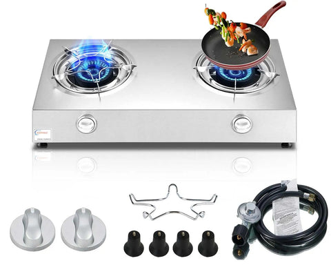 2 Burner Propane Stove With Auto Ignition 26000 BTU Stainless Steel Outdoor Cooker showing burners and accessories
