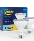 Two Pack PAR30 LED Dusk To Dawn Flood Bulbs With Photocell Sensor, 850 Lumens, 11W, 5000K Daylight, Non Dimmable, E26 Base, Box View