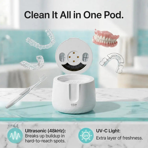 Ultrasonic Retainer Cleaner Pro With UV Light Rechargeable Dental Pod For Mouthguards Dentures And Aligners Three Cleaning Modes Quick Deep Gentle Tablets Included, white pod open