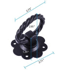 Black Wrought Iron Floral Ring Pull Gate Latch For Fence And Door With Mounting Hardware, dimensions shown