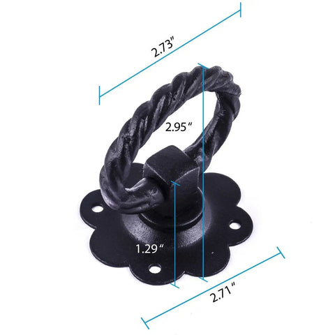 Black Wrought Iron Floral Ring Pull Gate Latch For Fence And Door With Mounting Hardware, dimensions shown