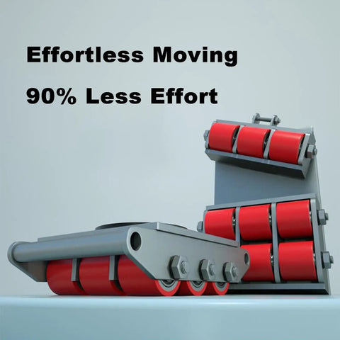 Rock Solid Heavy Duty Equipment Dolly With Multi Directional Roller Skates For Seamless Industrial Machinery Hauling showing red polyurethane wheels.