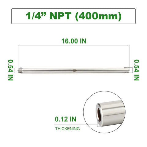 Two Pack 304 Stainless Steel Weld Nipple Pipe Fittings With One Quarter Inch NPT Male Threads, Sixteen Inch Length, product dimensions