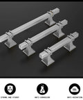 Three Ten Pack Brushed Nickel Cabinet Pulls Center To Center 128mm with Zinc Alloy Base and anti-corrosion features displayed on black background.