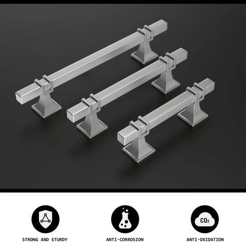 Three Ten Pack Brushed Nickel Cabinet Pulls Center To Center 128mm with Zinc Alloy Base and anti-corrosion features displayed on black background.
