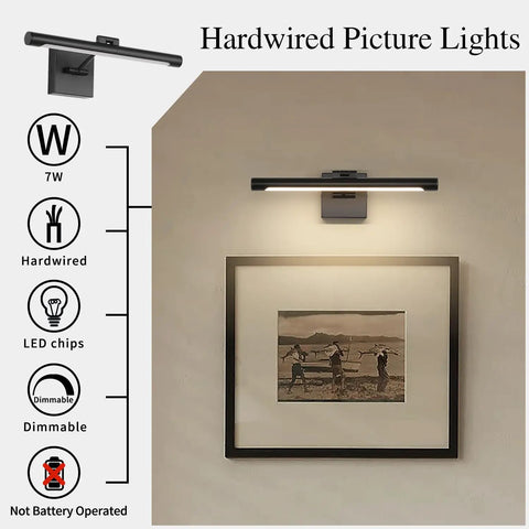 Hardwired Dimmable LED Picture Light For Paintings 16.53 Inch Wall Mount Portrait Lighting With Matte Black Metal Body 3000K 110V AC Easy Install No Plug Needed No Fuss lighting a framed photograph on a wall.