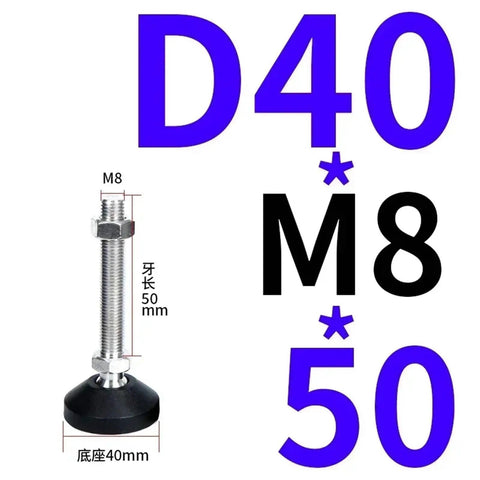 Heavy Duty Adjustable Leveling Feet Four Pack With Swivel Base For Furniture Machinery Workbenches Knock Out Wobbles Fast Rock Solid Floor Stabilizers D40M8X50 showing dimensions and materials.