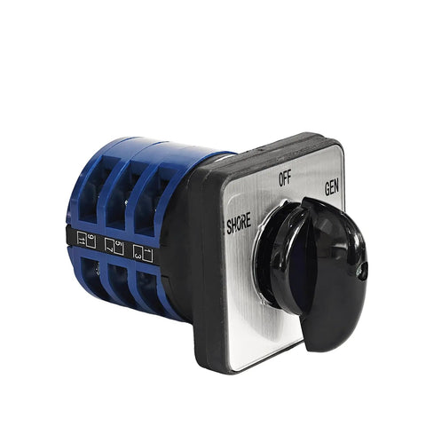 30 Amp Three Power Transfer Switch With Rotary Selector For Shore Power Off Generator Modes Dual Power Source Switch For Safe No Fuss Seamless 120V To 240V Power, black and blue panel view