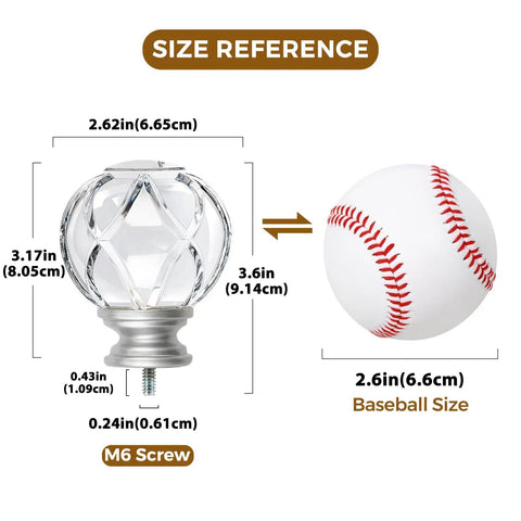 Crystal Netted Texture Silver Curtain Rod Finials For One Or Seven Eighths Inch Rods, Easy Twist Installation No Tools Needed, Fits M6 Screws, Four Colors Available Black Bronze Gold Silver, Modern Home Decor Accessory. Size reference with M6 screw and baseball scale.