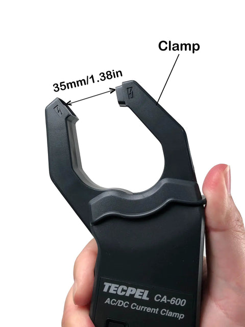 AC DC Current Clamp Transmitter Probe 600A for DMM, 30mm Jaw, shown in hand, highlighting measurement scale