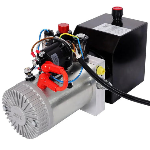 Greron 12V DC Double Acting Hydraulic Power Unit featuring 3HP motor and a steel oil reservoir for hydraulic tasks.