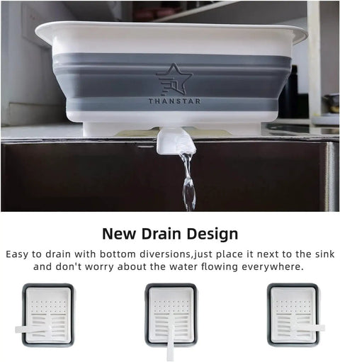 Collapsible Dish Drainer Portable Dinnerware Drainer Organizer with new drain design and utensil drying rack in use