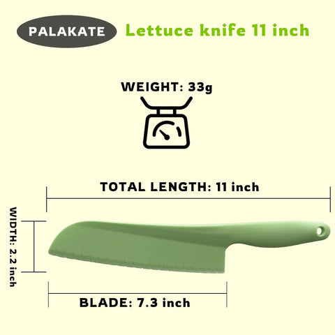 11 Inch Plastic Lettuce Knife With Serrated Blade To Keep Greens Kickin Fresh And Block Browning, Nonstick Safe For Cutting Cakes Fruits Bread, No Sweat Cleaning Dishwasher Ready Duo Pack In Crisp Green, features weight and dimensions.
