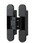 Invisible 5.5 Inch 3 Way Adjustable Concealed Door Hinges Matte Black Zinc Alloy 180 Degree Swing Hidden Butt Hinge For Doors 38mm To 60mm Thick 66 Lb Per Hinge No Fuss Vertical Horizontal And Depth Adjustments No Visible Hardware showing front view