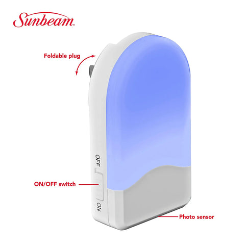 3-in-1 InstaBeam LED Power Failure Night Light with dusk-to-dawn sensor, showing foldable plug, ON/OFF switch, and photo sensor.