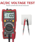 DIY Ready Pro Grade TRMS 6000 Counts Digital Multimeter measuring AC voltage with test leads in socket.