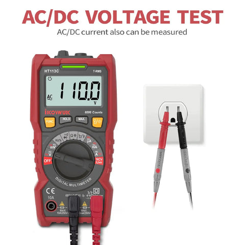 DIY Ready Pro Grade TRMS 6000 Counts Digital Multimeter measuring AC voltage with test leads in socket.