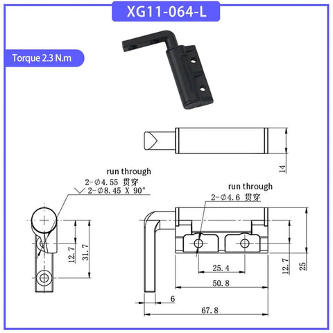 L-shaped screw-damping hinge with adjustable torque; black metal with mounting holes, shown in front and side views.
