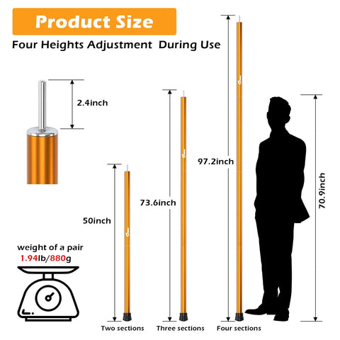 Adjustable Telescoping Aluminum Tarp Poles Set Of 2 For Camping And Backpacking, four heights shown next to silhouette and scale