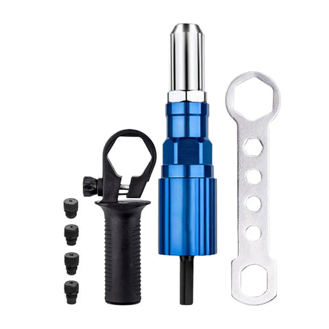 Attachment Kit For Drill With High Torque Pop Rivet Head, shown with blue metal adapter, black handle, and wrench