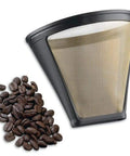 Reusable 4 Cup Cone Coffee Filter For V Shaped Brewers Permanent Design For Rich Bodied Flavor No Fuss Cleanup With Warm Soapy Water Black And Gold Finish next to coffee beans.