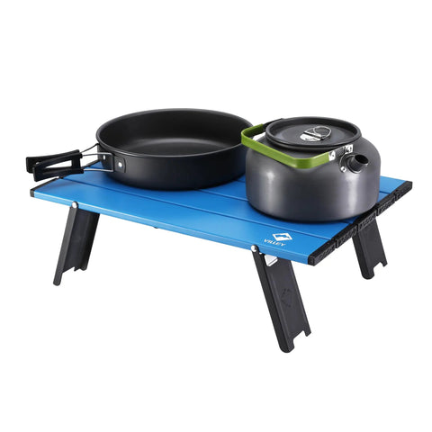 Blue Ultralight Folding Beach Table for camping and picnics, aluminum, 16x11x5 inches, holding a kettle and pan, sturdy 88 lbs capacity.