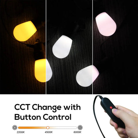 Smart Outdoor String Lights 48 Feet With 16 Shatterproof LED Bulbs for Patio showing color temperature control with remote.