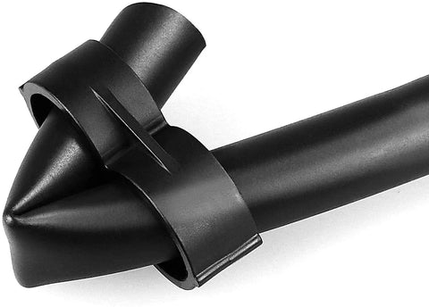 Arfun 28P drip irrigation barbed T-fitting in black plastic tubing, close-up showing barbs and connector
