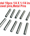 Quarter Inch By One And One Quarter Inch Dowel Pins 10 Pack, Metal Shelf Pegs For Shelves And Supports, Precision Ground Alloy Steel Wood Bed Pegs For Bunk Beds, Heavy Duty Sturdy Durable Dowel Pin Set displayed on white background.