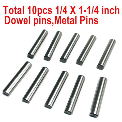 Quarter Inch By One And One Quarter Inch Dowel Pins 10 Pack, Metal Shelf Pegs For Shelves And Supports, Precision Ground Alloy Steel Wood Bed Pegs For Bunk Beds, Heavy Duty Sturdy Durable Dowel Pin Set displayed on white background.
