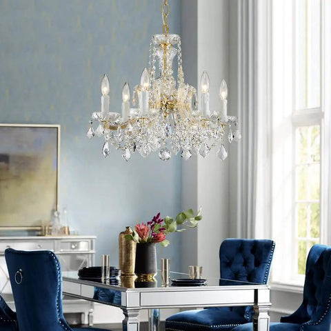 Modern Crystal Chandelier Light Fixture With Six Lights, Raindrop Pendant Crystals In Maria Theresa Brass Finish, D20 X H18 Inches over dining table