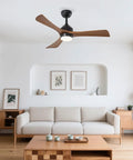 42" Solid Wood Blades Ceiling Fan with Lights installed in a modern living room with a beige sofa and wood furniture.
