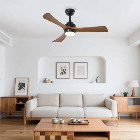 42" Solid Wood Blades Ceiling Fan with Lights installed in a modern living room with a beige sofa and wood furniture.